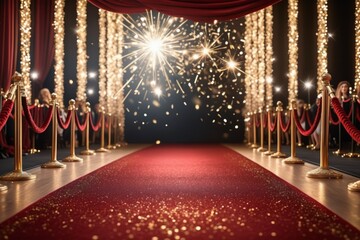An entrance stage with a red carpet under a spotlight, poles, glitter and confetti in a theater setting