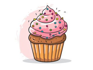Delicious cartoon cupcake with pink frosting and colorful sprinkles. A perfect illustration for bakery, dessert, and celebration themes.