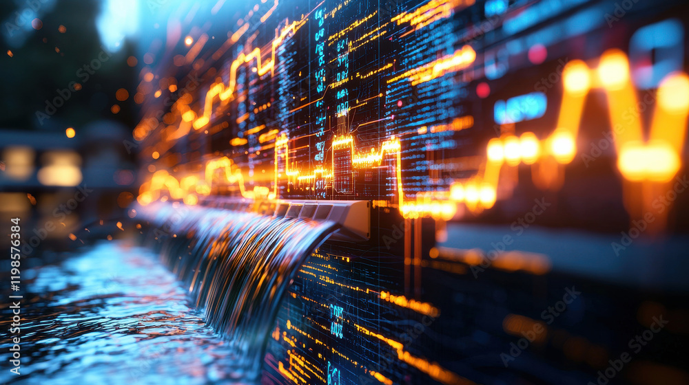 Poster futuristic hydroelectric dam with glowing data streams at night, showcasing blend of technology and 