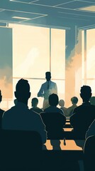 Fototapeta premium Silhouetted audience listens to a speaker in a brightly lit conference room, providing a professional setting for educational or business purposes.