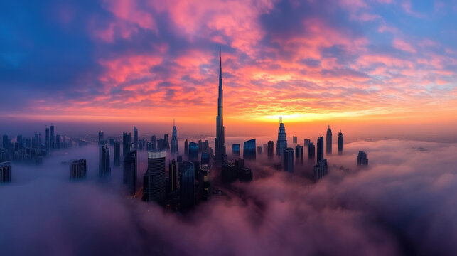 foggy urban skyline at sunset with skyscrapers and vibrant clouds