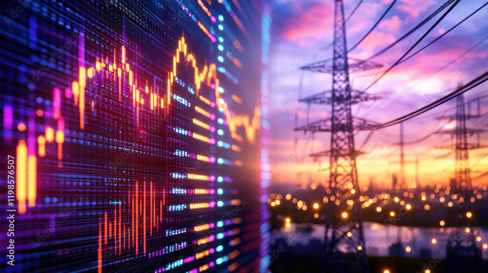 Poster vibrant digital stock market display shows fluctuating graphs against sunset backdrop with power lines, symbolizing intersection of technology and finance