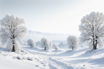 Obraz premium Snow covered trees in a winter landscape with a frosty forest and a path through the park on a cold day
