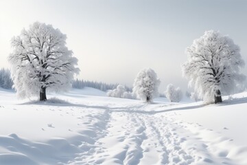 Fototapeta premium Snow covered trees in a winter landscape with a frosty forest and a path through the park on a cold day