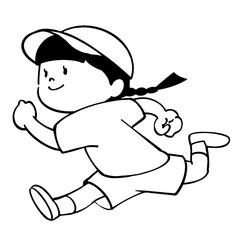 走っている女の子のモノクロのイラスト