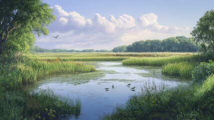 Fototapeta premium calm marsh with a network of streams, surrounded by lush green plants and small wildlife darting between the reeds and grasses