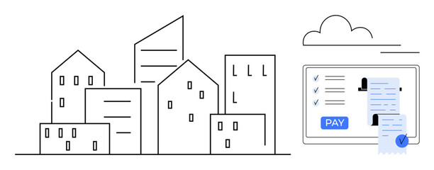 Cityscape with modern buildings next to a tablet displaying online payment with receipt and check marks. Ideal for technology, digital finance, urban living, e-commerce, real estate, internet