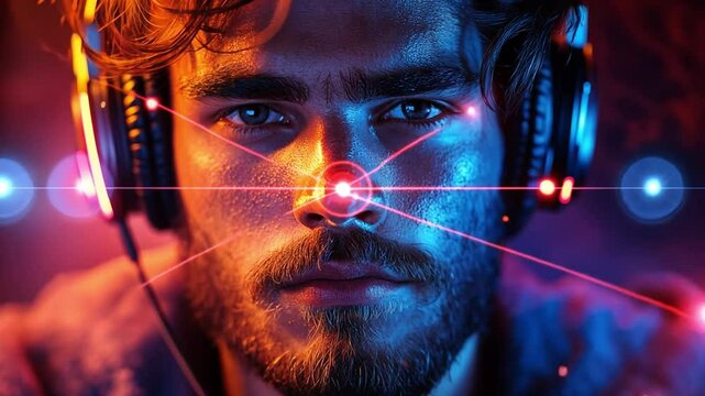 Lost in the Rhythm: A young man with headphones on stares intently into the distance, his eyes reflecting a kaleidoscope of vibrant neon lights and laser beams.