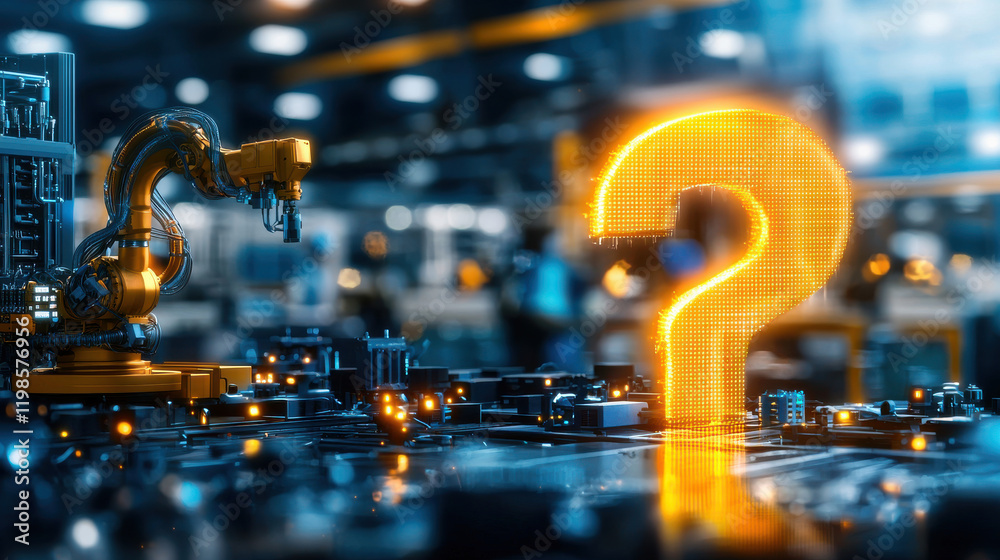 Poster futuristic industrial scene featuring robotic arm and glowing question mark symbol, representing inn