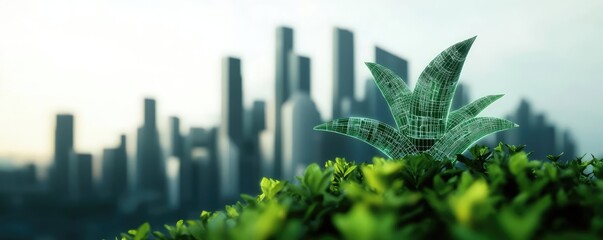 Dust pollution idea. A plant thrives amidst a modern city skyline, symbolizing nature's resilience.