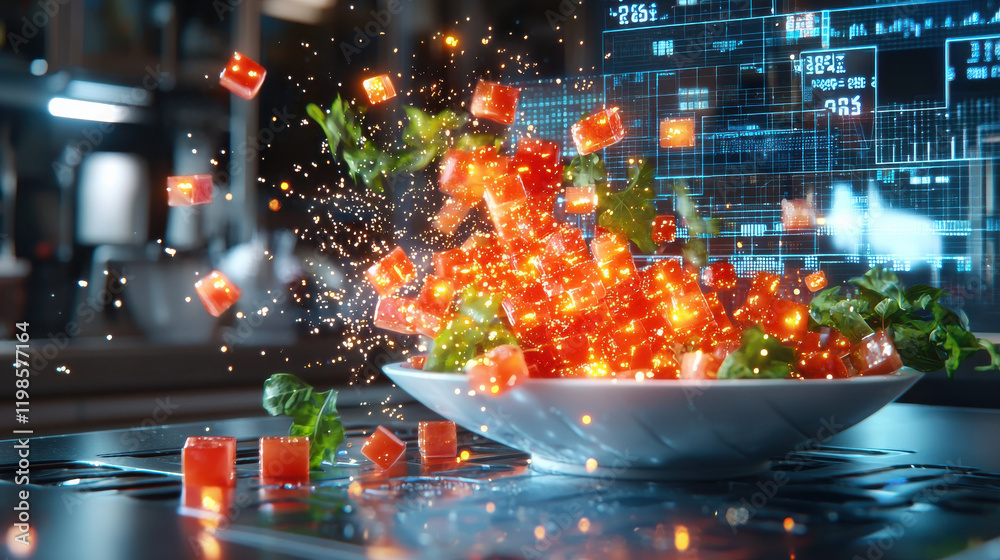 Aufkleber vibrant display of colorful food cubes and fresh greens exploding from bowl in futuristic kitchen, s