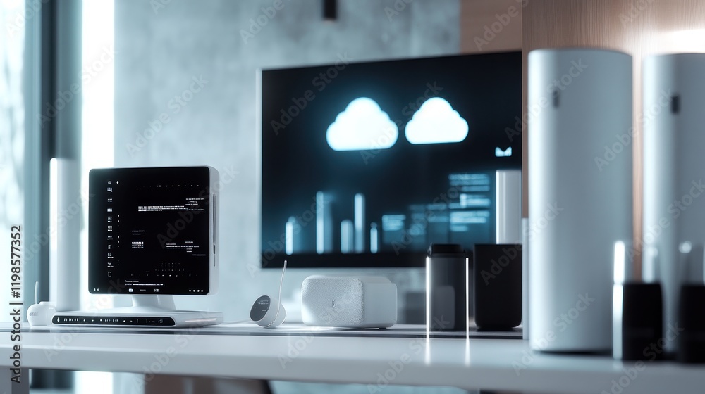 Poster modern tech setup: cloud computing and smart home integration