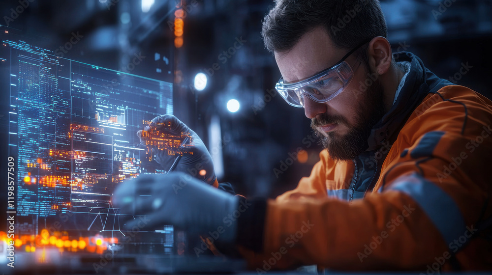 Aufkleber focused engineer in orange work jacket analyzes digital data in futuristic laboratory, showcasing ad