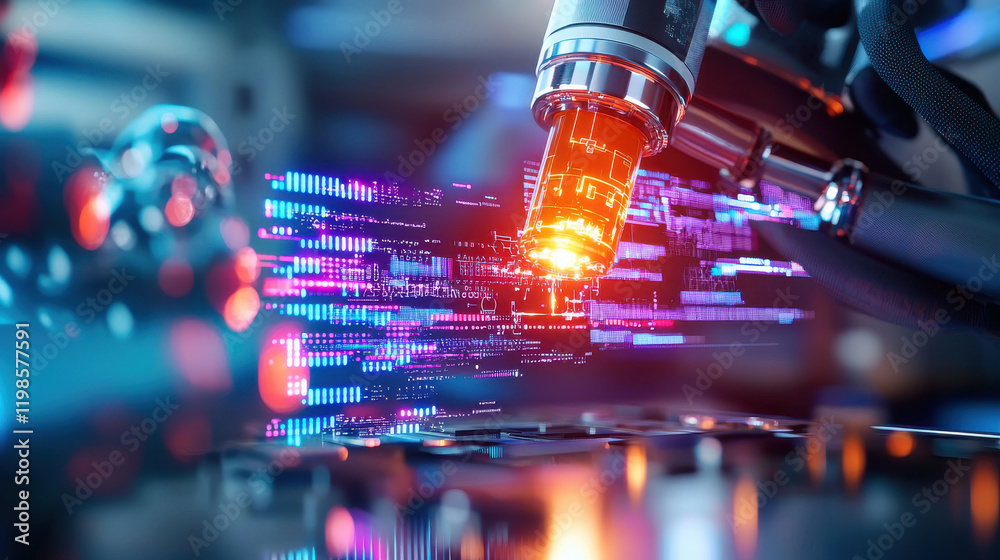 Poster Futuristic laboratory with advanced technology, engineers working on innovative projects, showcasing high tech environment and digital data processing