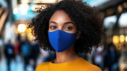 young woman with curly hair wearing blue mask in busy environment
