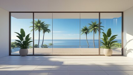 Fototapeta premium big wide empty room of a luxury tropical house with beach and palms view through glass doors 