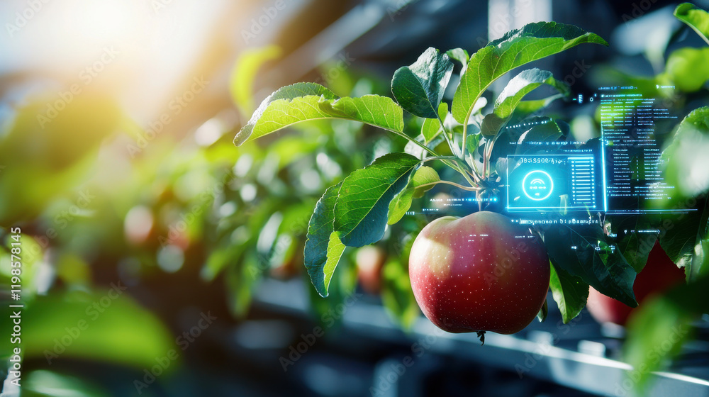 Leinwandbilder high resolution close up of smart fruit picking robot interacting with apple tree, showcasing advanced technology in agriculture. scene highlights innovation and efficiency in farming