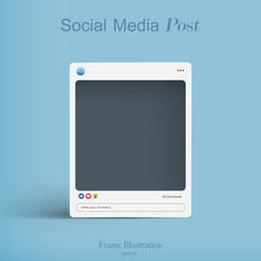 Social media post frame, square shape on blue background with realistic shadow, online mockup template.
