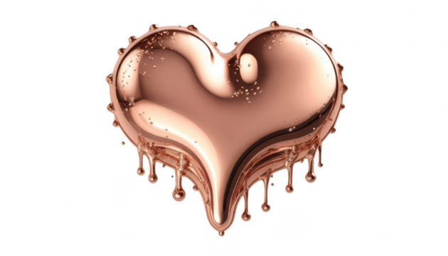 A rose gold metallic heart, with its top portion flowing and merging into smaller droplets, creating a smooth gradient of liquid motion, on a white transparent background PNG