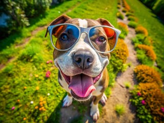 Funny Pit Bull Puppy in Sunglasses – Drone Aerial View