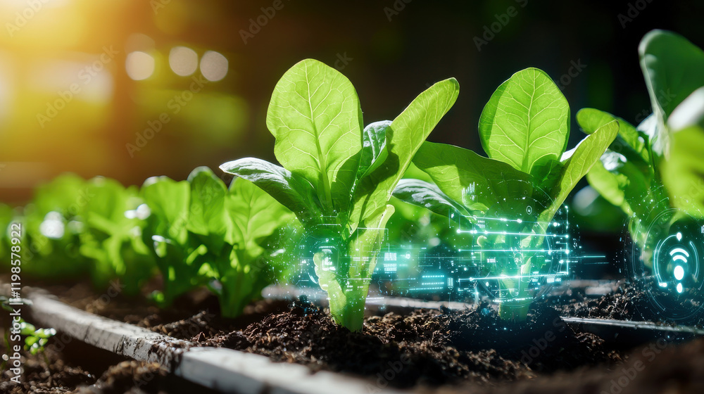 Poster high resolution shot of smart farming system with green lettuce plants, showcasing technology integr
