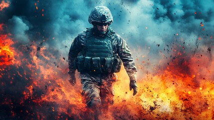 A courageous soldier walks through a fiery battlefield, showcasing the intensity and danger of war.