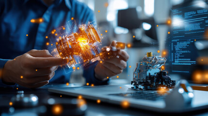 Innovative engineer working on high tech project, assembling components with digital overlays, showcasing creativity and technology in modern workspace