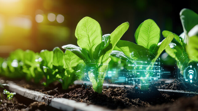 High resolution shot of smart farming system with green lettuce plants, showcasing technology integration for enhanced growth and monitoring