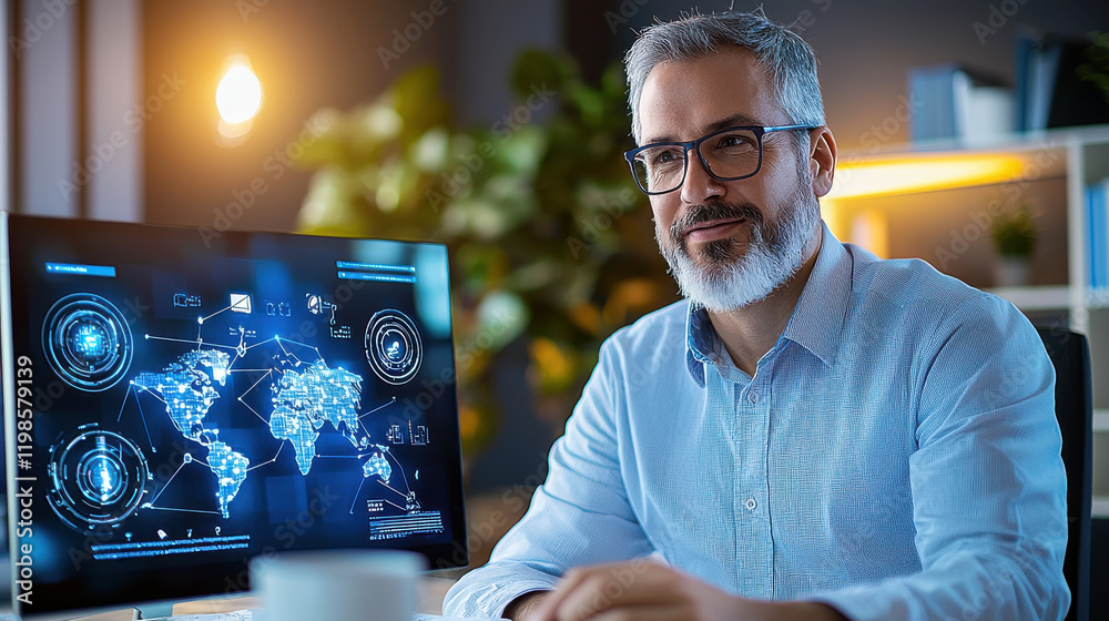 Fototapete professional man with glasses smiles while working in modern office, surrounded by technology and da