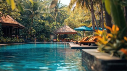 Obraz premium Tranquil resort pool nestled amongst lush tropical foliage and palm trees.