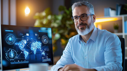 professional man with glasses smiles while working in modern office, surrounded by technology and data visualizations on computer screen