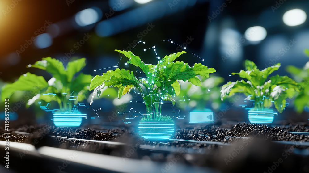Poster high tech farm with automated machinery and digital plants growing. futuristic environment showcases