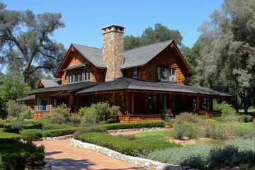 Luxurious mountain house with stone chimney and landscaped garden on sunny day