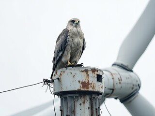 Fototapeta premium Hawk enjoying broken wind turbine as resting spot
