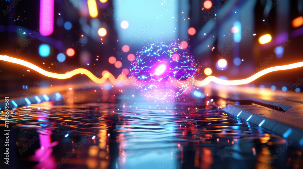 Aufkleber futuristic glowing sphere reflecting in water, surrounded by vibrant lights and energy waves, creati