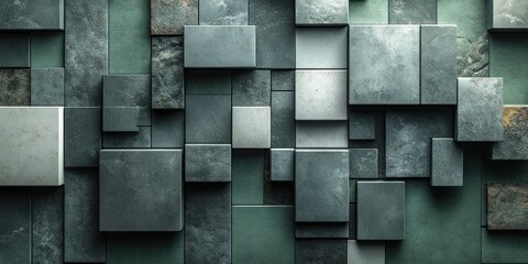 Abstract 3D Stone Blocks: A Textured Mosaic of Greys and Greens