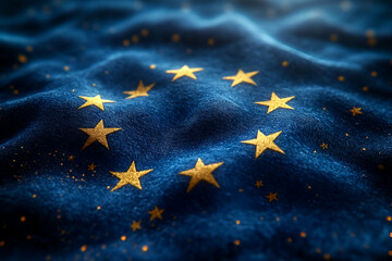 Waving EU flag, stars, dark background, news