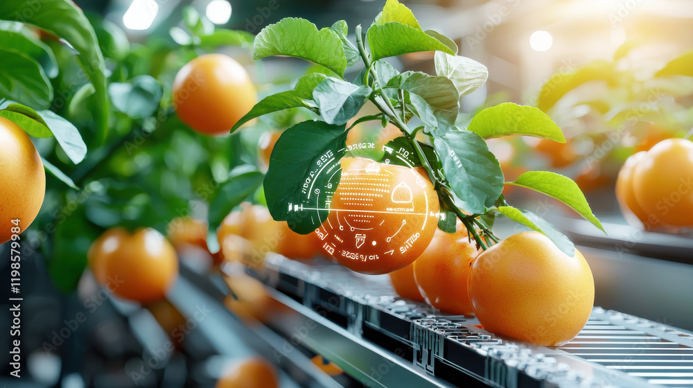 Aufkleber high tech farm with automated orange harvesting and smart technology. fresh oranges on conveyor belt