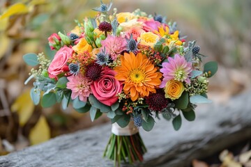 Colorful bridal bouquet sitting on a log in the woods