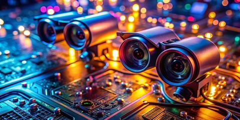 Futuristic Surveillance: Circuit Board Night Photography
