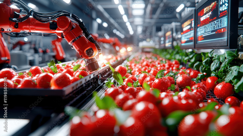 Leinwandbilder futuristic food processing plant featuring robotic arms sorting fresh strawberries and leafy greens.
