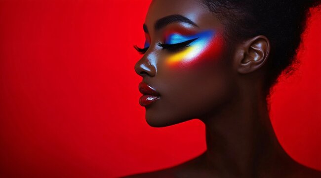 Vibrant female portrait showcasing bold makeup against a red backdrop, ideal for beauty campaigns, makeup tutorials, or creative artistic projects.