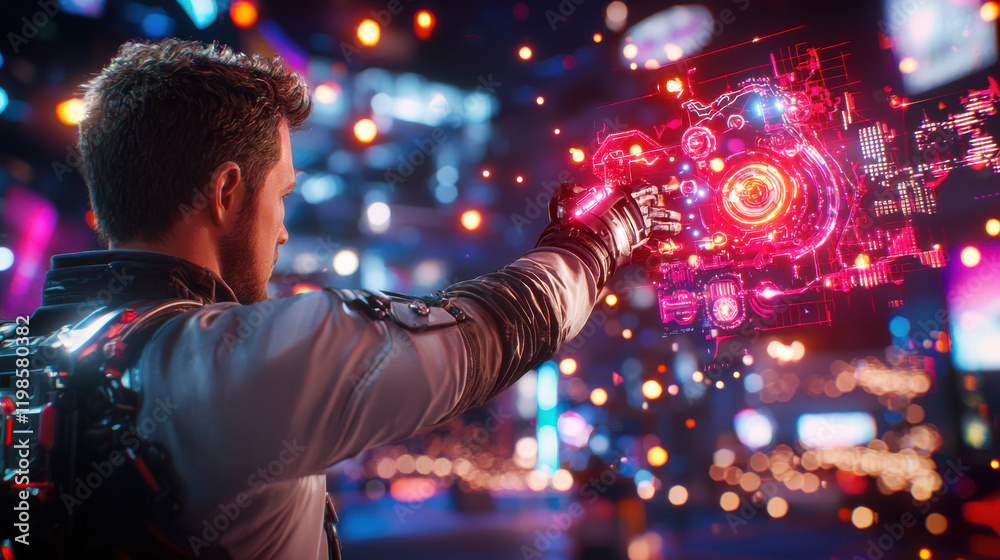Poster futuristic engineer interacts with holographic interface, showcasing advanced technology in vibrant 