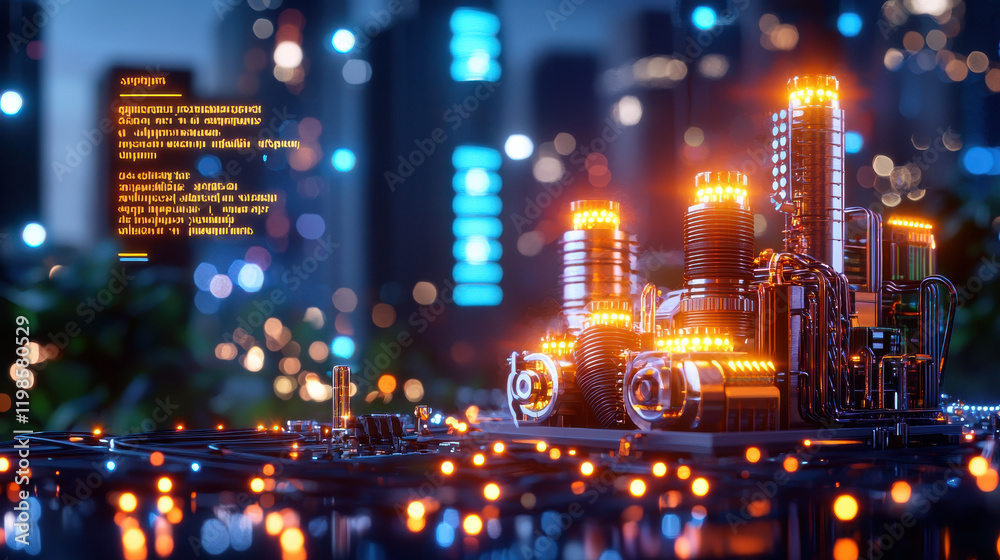 Poster futuristic cityscape featuring illuminated machinery and technology, showcasing engineers designing 
