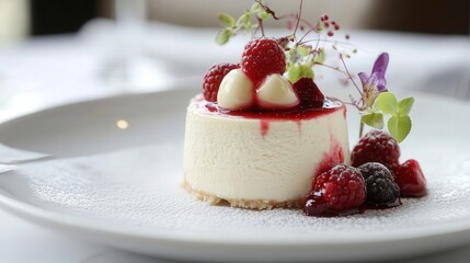 rich, velvety cheesecake topped with a raspberry coulis, served with a few fresh berries on the side, placed on a white dessert plate