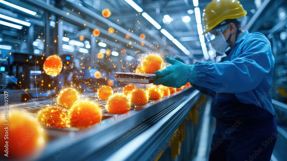 Poster high resolution image of food production line with glowing orange spheres. worker in safety gear ins