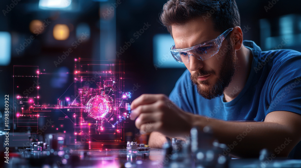 Poster Engineer working on mechanical system with digital interface, showcasing innovation and technology in high tech environment