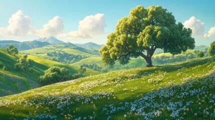 Obraz premium Sunny meadow landscape with single tree on hillside, wildflowers, mountains.