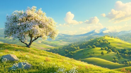 Fototapeta premium Blooming tree on a sunny hillside with mountains in the background.