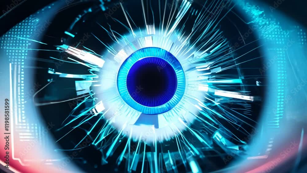 Poster Technology and science concept with cyber eye and circuit board depicting development of artificial intelligence or ai